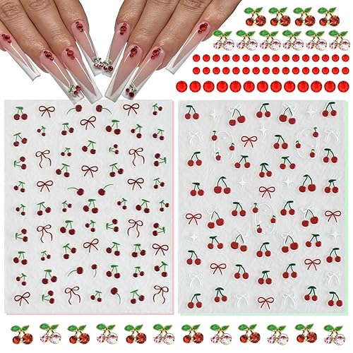 qiipii 2 Sheets Cherry Nail Stickers +40 Pcs Cute Red
