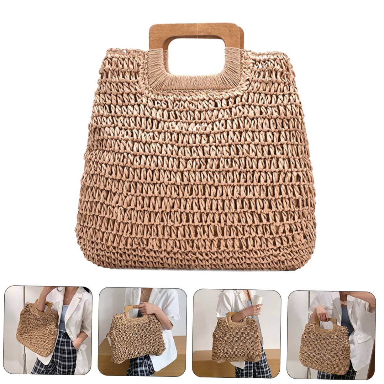 Strandtasche Groß aus Stroh, Handgewebte Tragetasche Khaki