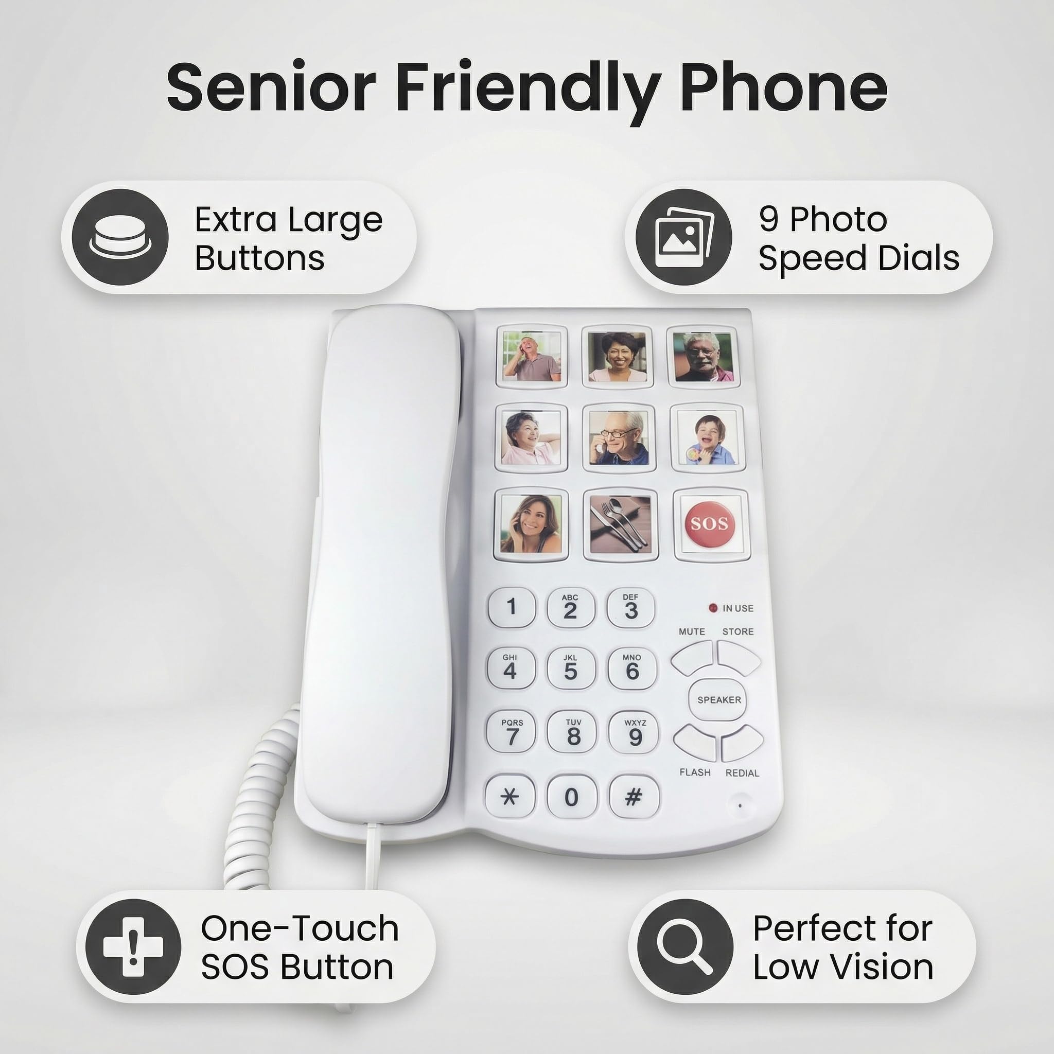 Telefono fisso con pulsante grande con altoparlante per anziani e anziani, amplificato con un pulsante touch, telefono fisso per anziani, telefoni da scrivania SOS con numeri di cifre facili da