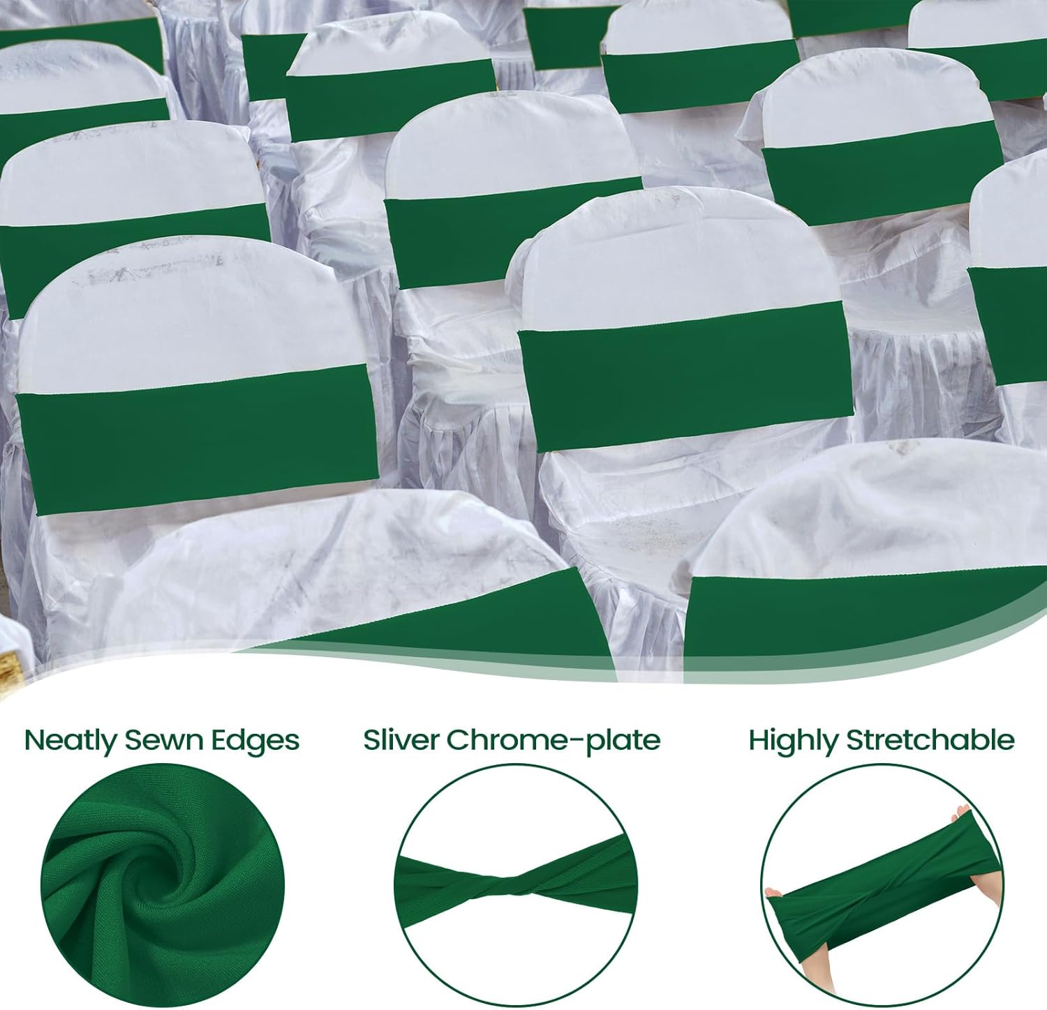 Kinlop 150 Pcs Spandex Chair Sashes Bows Stretch Chair Cover Bands Elastic Ties Bands Slider Sashes Without Buckle Decorations for Wedding Party Events Ceremony Birthday (Dark Green)