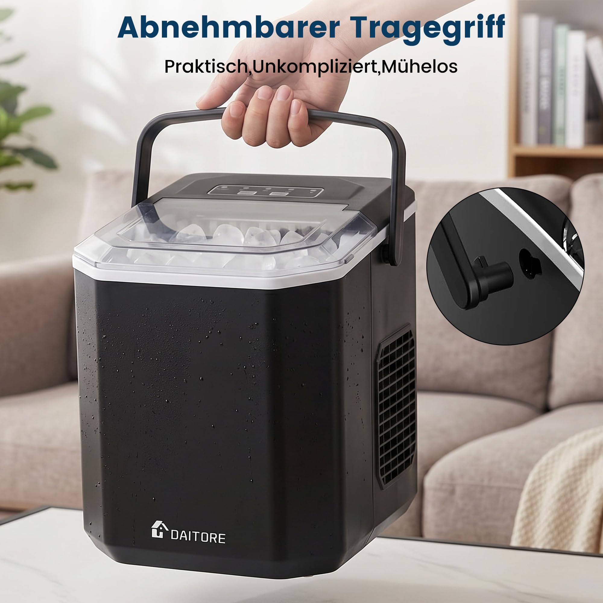 Eiswürfelmaschine Klein, Eiswürfelbereiter mit Tragbarem Griff, 2 Eiswürfel Größen, 9 Würfel in 6 Minuten Fertig, Selbstreinigende Eiswürfelmaschinen Ice Maker für Zuhause