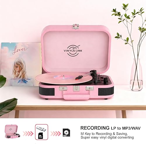 Miniatura 3 de Tocadiscos de vinilo Bluetooth con altavoces integrados, tocadiscos portátil para discos de vinilo, tocadiscos rosa vintage de 3 velocidades con