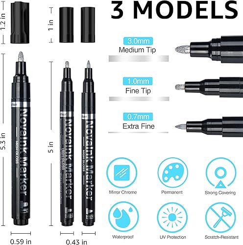 Miniatura 5 de KERIFI Juego de 3 marcadores cromados de espejo líquido plateado, arte permanente, cromados líquidos, marcadores reflectantes de espejo metálico,