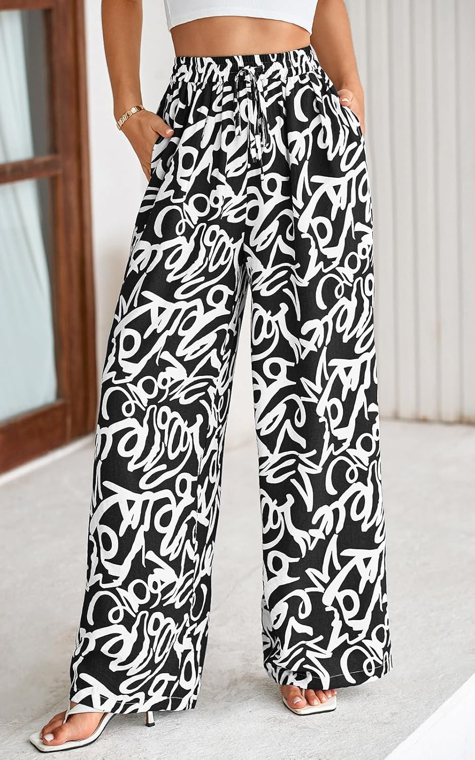 PRETTYGARDEN Womens Pants Elastic Waist Floral Lightweight Palazzo Pants for Women Casual Lounge Wide Leg Pants Woman - Image 2