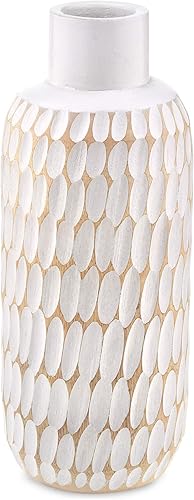 AeraVida Florero de madera de mango teñido blanco de 10 pulgadas, diseño de gotas de lluvia, jarrón de madera de árbol de mango, jarrón de mesa