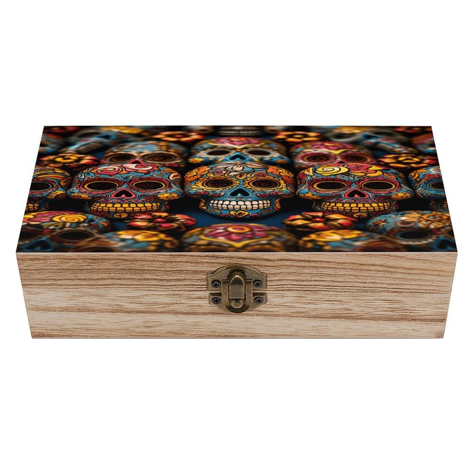 VstaDank Colorful Sugar Skulls Wooden Storage Box Wooden Keepsake Box with Hinged Lid Exquisite Solid Wood Decorative Jewelry Case Memory Box for Jewelry Photos Letters Crafts Trinkets
