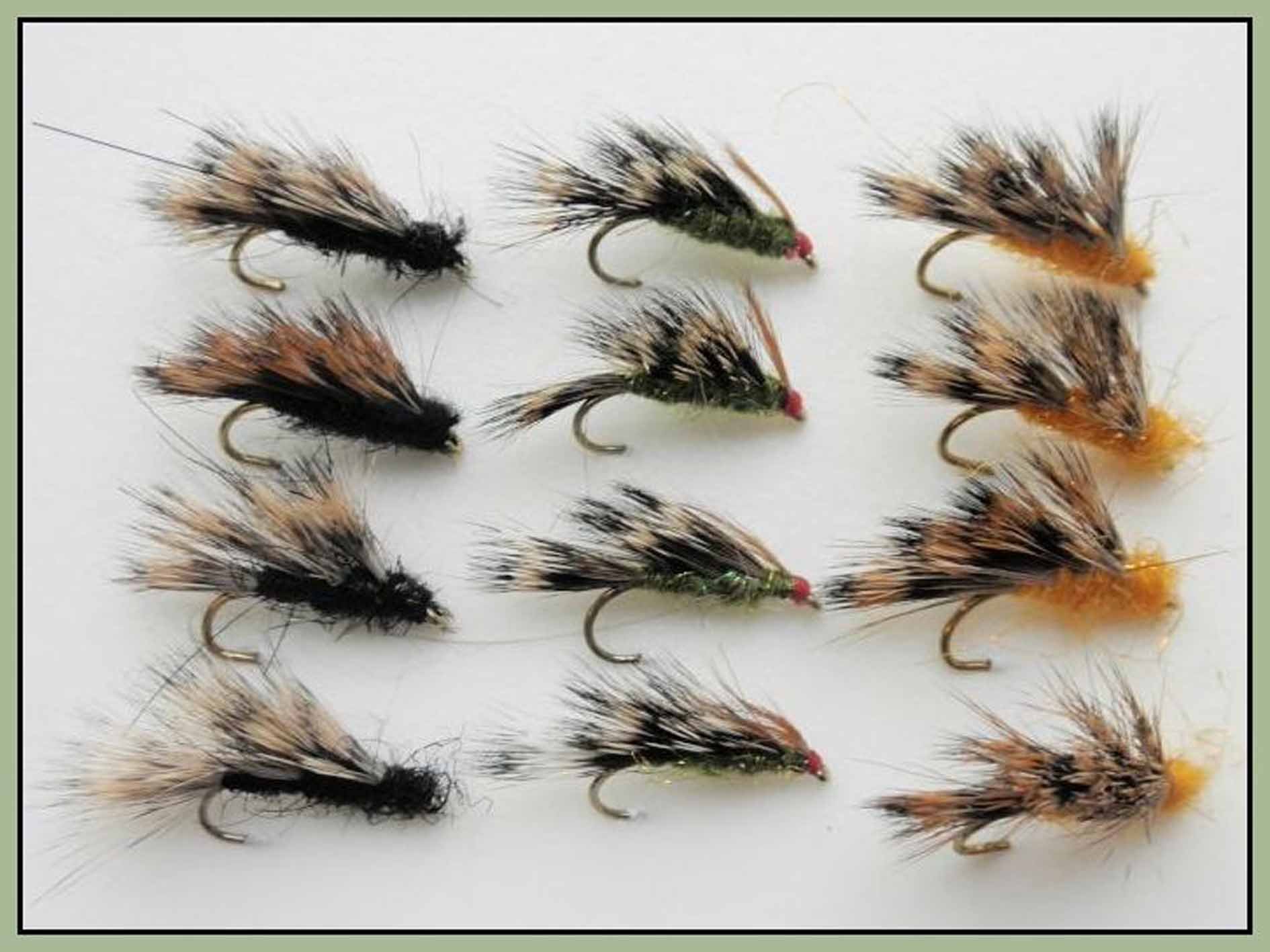 12 Unisex sedgehog mosche di pesca in Nero & Oliva arancione aka metà di maiale mosche, Gancio Taglia 10/12