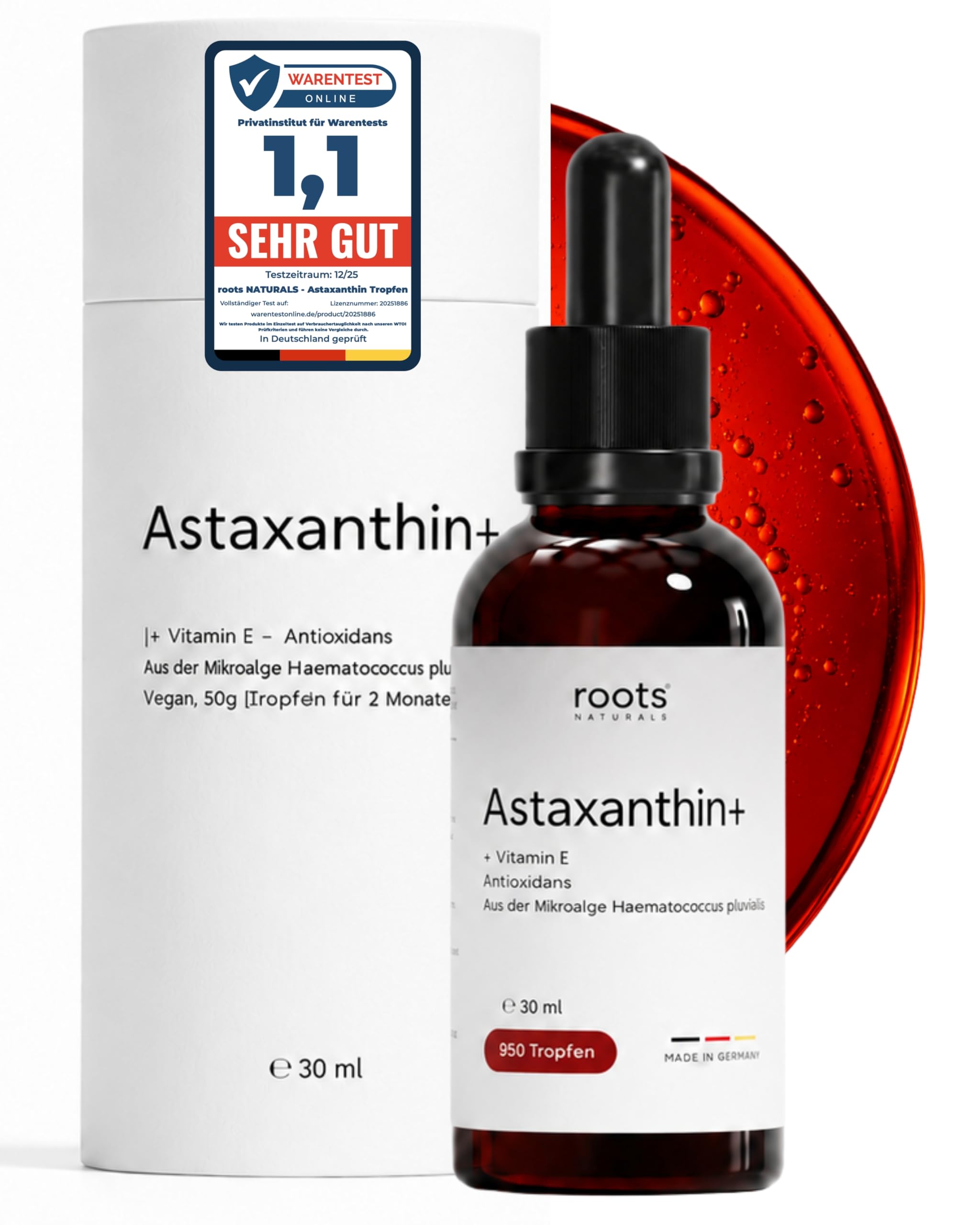 Astaxanthin Tropfen + Vitamin E I Antioxidans I, (30ml), 950 Tropfen für [2 Monate] - 6mg Astaxanthin, hochdosiert & vegan - höchste Bioverfügbarkeit - Laborgeprüft