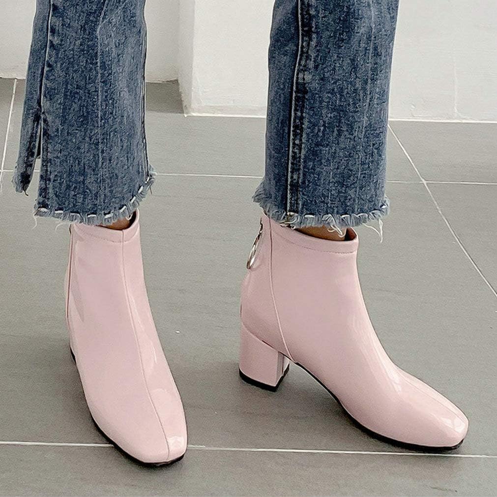KOKOMOMO Womens Chunky Patent Heeled Ankle Boots Square Toe Zip Up Booties
