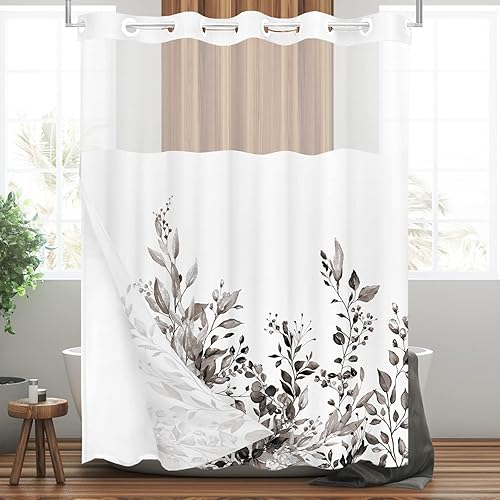 Miniatura 61 de Tititex - Juego de cortinas de ducha de hojas de eucalipto verde con cierres de presión, sin ganchos, forro interior verde, hojas de acuarela en la