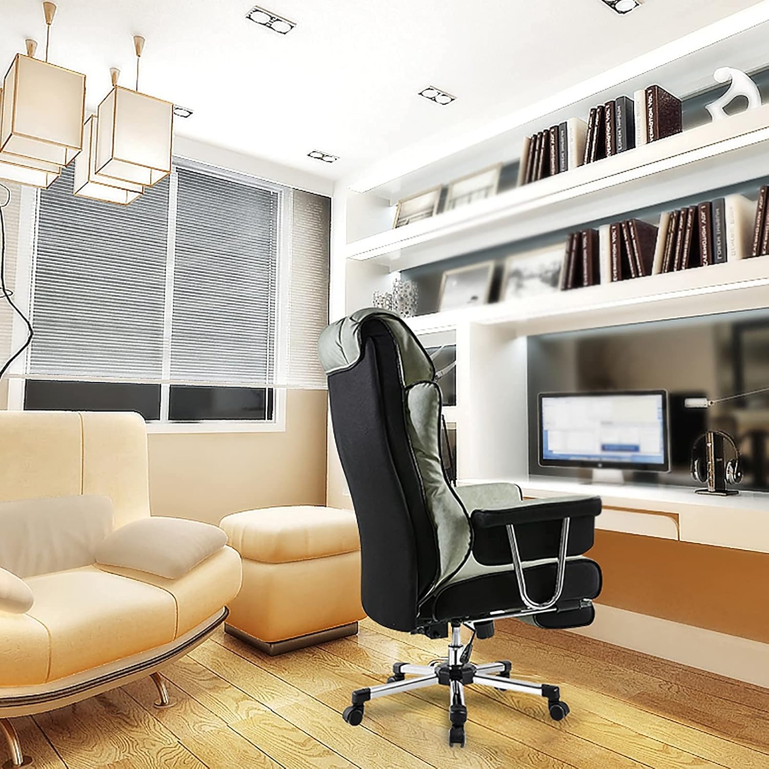 Gaming Chair with Lumbar Support Retractible Footrest High Back Ergonomic Computer Leather Executive Office Swivel Chairs Adjustable Height and Backrest Pink (Color : Black) (Green)