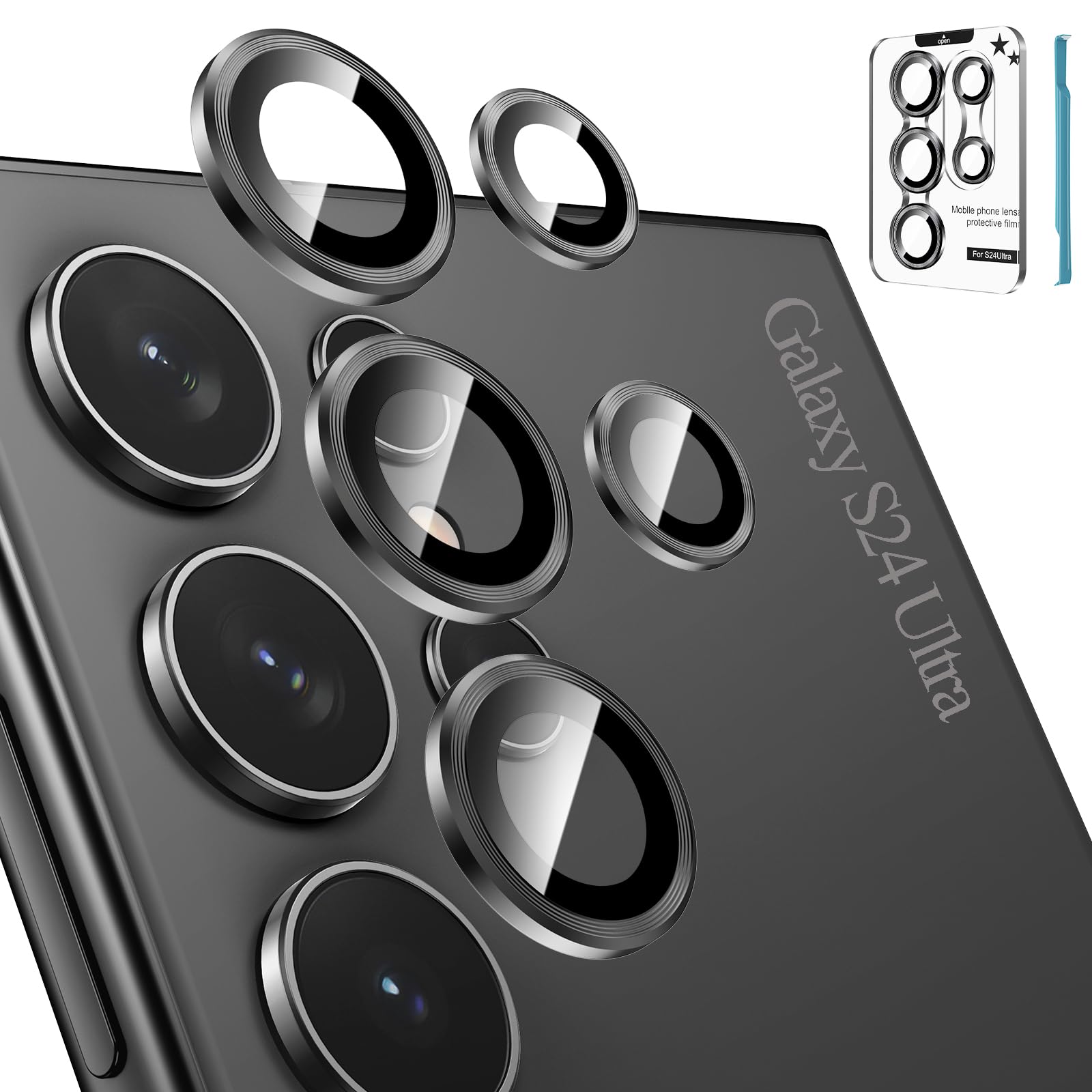 Tensea (3+2PCS for Samsung Galaxy S24 Ultra 5G Camera Lens Protector, 9H Tempered Glass Camera Cover Screen Protector Metal Individual Ring for S24 Ultra 5G 2024 [Installation Tray][Case Friendly]