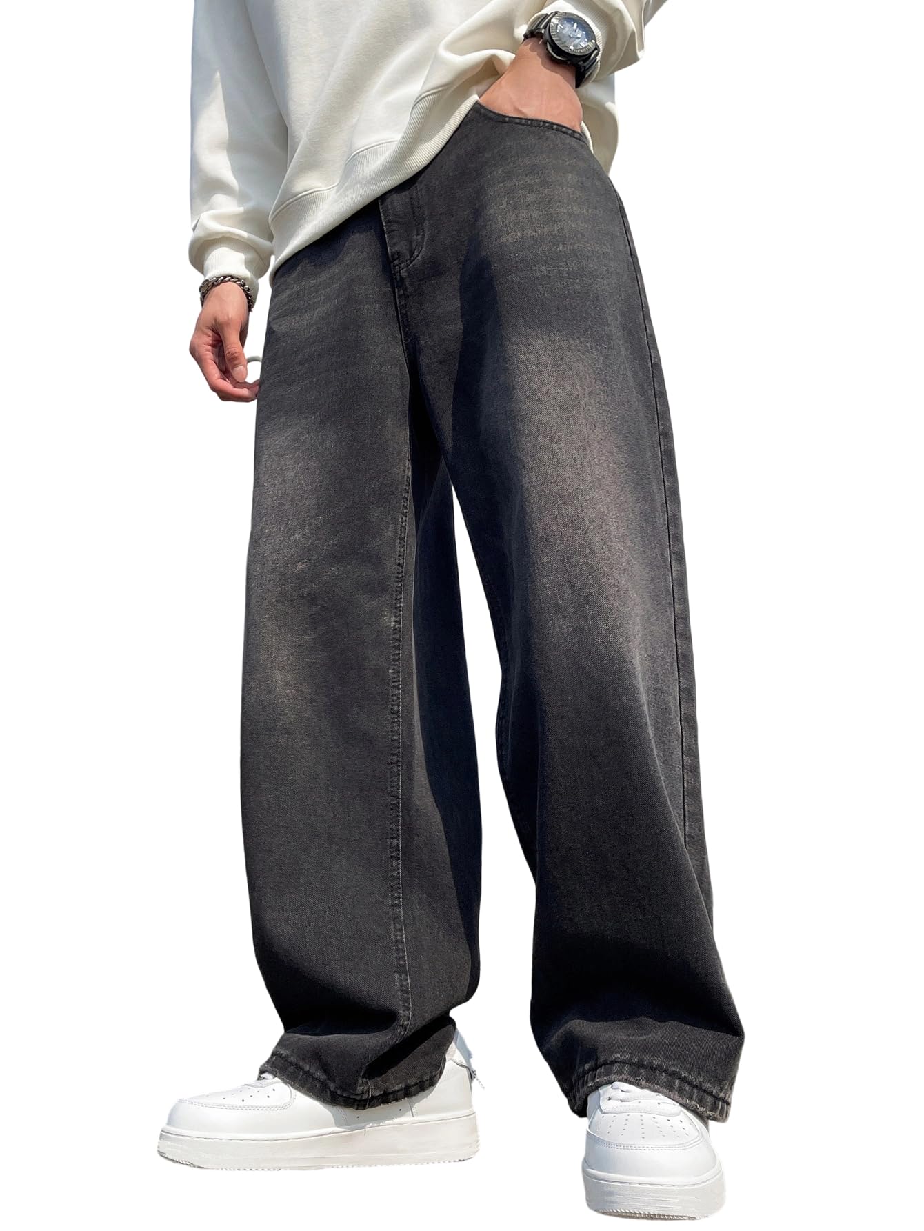 Zewool Herren Baggy Hip Hop Jeans Weite Beinform Streetwear Skater Jeans Lässige Lockere Passform Denim-Hosen