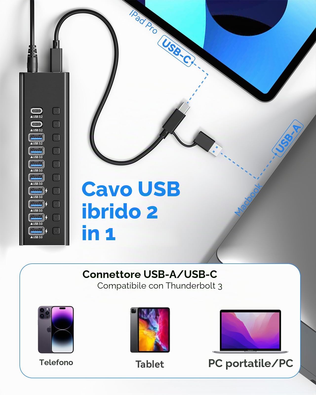 Hub USB 3.2 alimentato a 10 porte 3.2/USB-C Hub (10 Gbps A 3.2 + 2 C + 7 3.0 porte) con singoli interruttori on/off e adattatore di alimentazione da 12 V, in alluminio con messa a terra