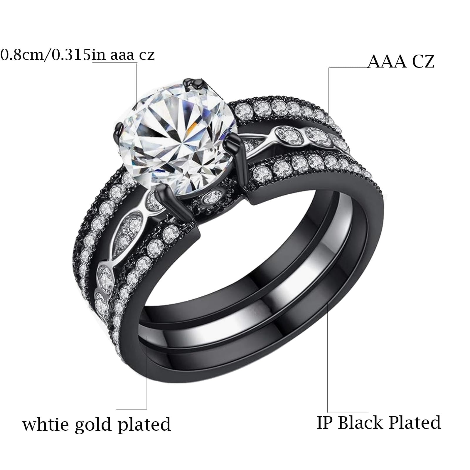 Coppia di anelli neri coordinati da 1,5 ct AAA CZ 2 pezzi set di fedi nuziali da donna per lui e lei anelli da uomo fascia