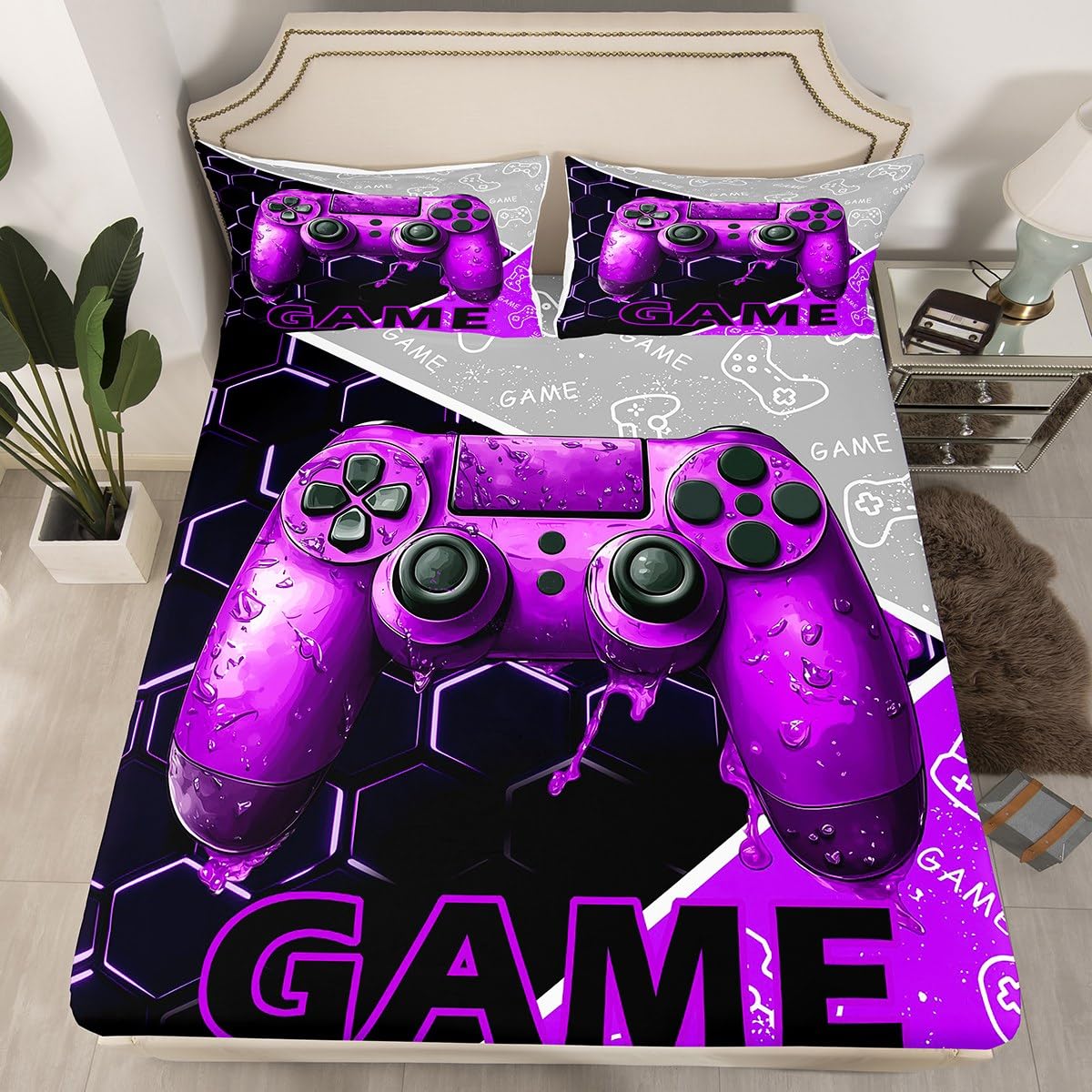 Gaming Boys Fitted Sheet Queen Size,Purple Video Game Consoles Gamepad Mattress Cover with 2 Pillowcases,Honeycomb Geometry Gamer Room Decor Deep Pocket Bed Sheet for Kids Boys (No Top Sheet)