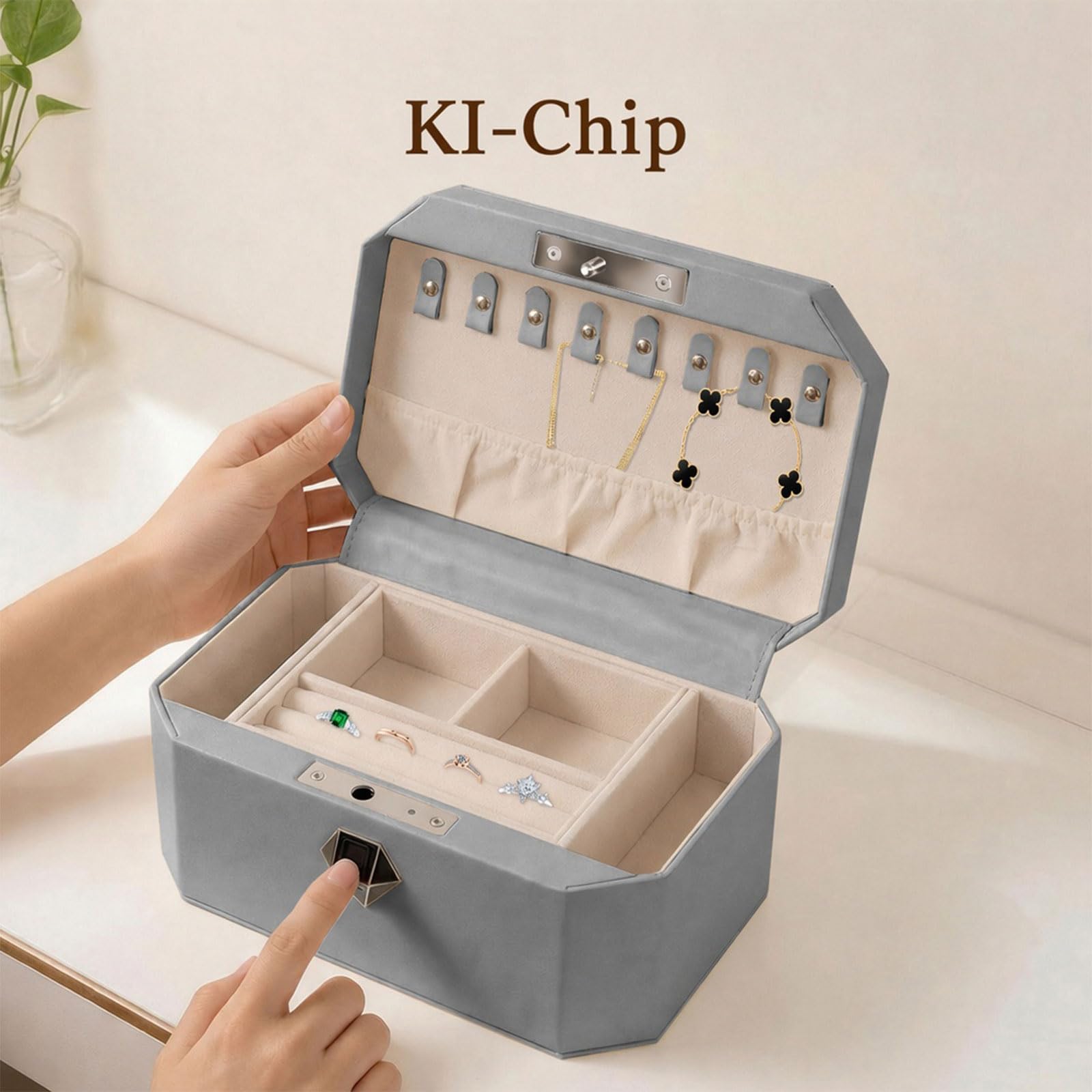 Coffre-fort à bijoux, coffre-fort biométrique pour empreintes digitales, boîte à bijoux enveloppée de cuir avec serrure, accès rapide et entrée sans clé (deux niveaux, gris)