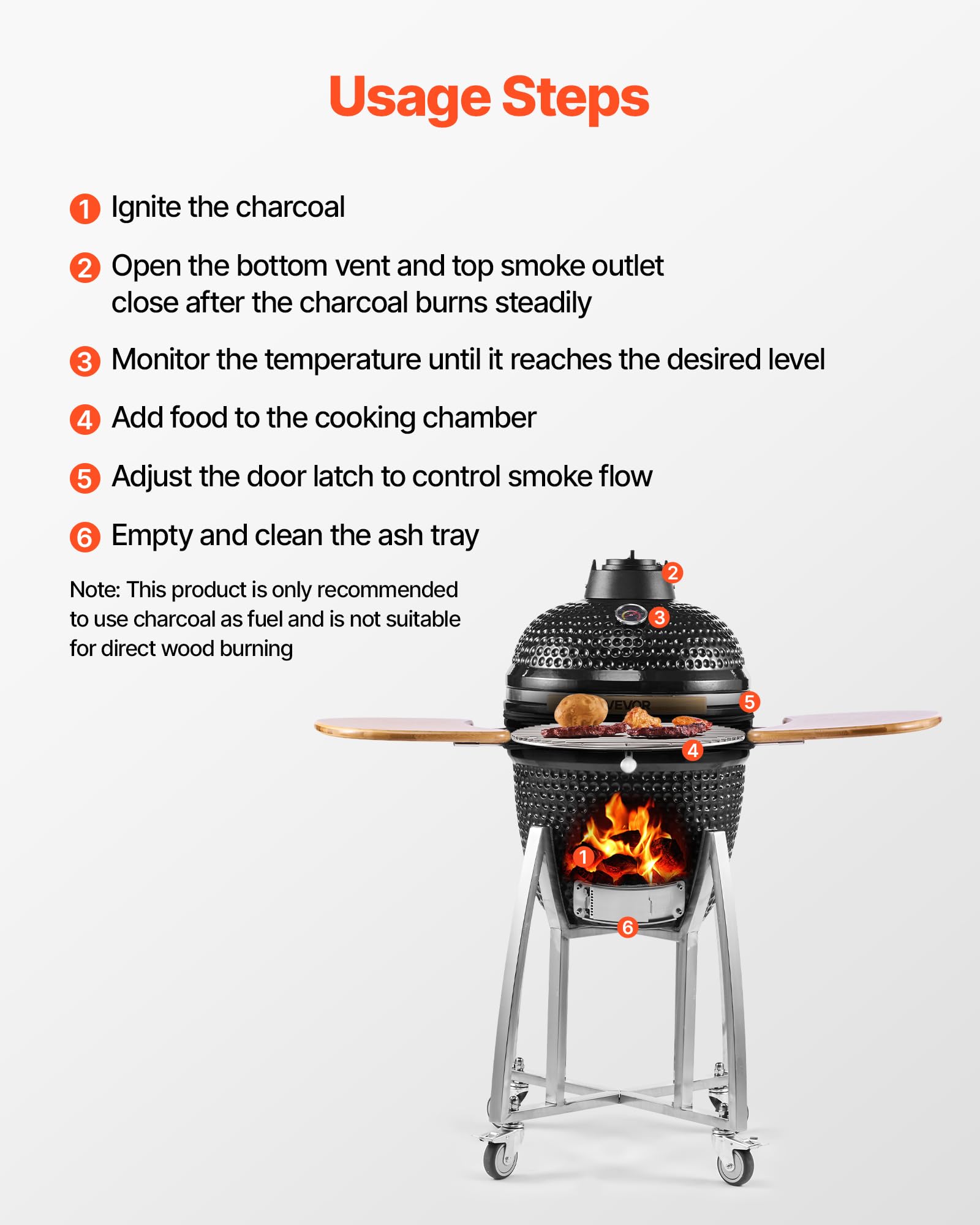 VEVOR Wędzarnia i grill na węgiel drzewny Kamado, 45 cm, ruchomy ceramiczny grill z 4 kółkami (2 zamykane), wbudowany termometr, otwory wentylacyjne i półka boczna do gotowania na zewnątrz na patio