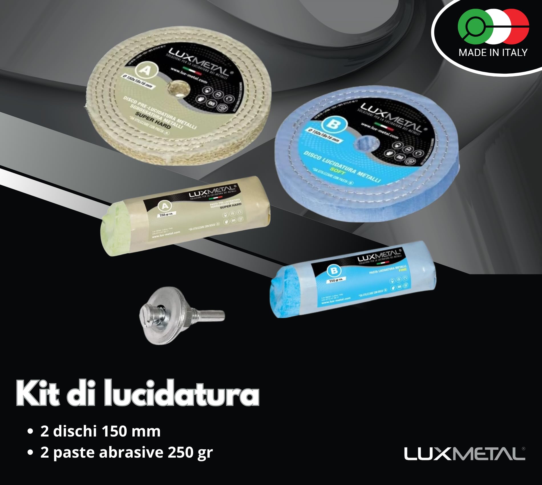Lux Metal Kit Lucidatura 2 Pasta Abrasiva Lucidante 250 gr e 2 Disco Lucidatura 150 mm in Cotone Trapano Mola Dischi Per Lucidare Acciaio Inox Metalli Alluminio Set Lucida Cromature Ottone Ruota Rame