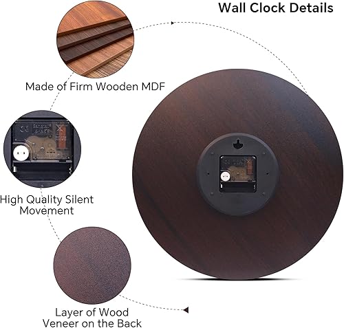 Miniatura 5 de Reloj de pared redondo de madera de 14 pulgadas, estilo retro, vintage, francés, de madera, silencioso, funciona con pilas, sin tictac, para
