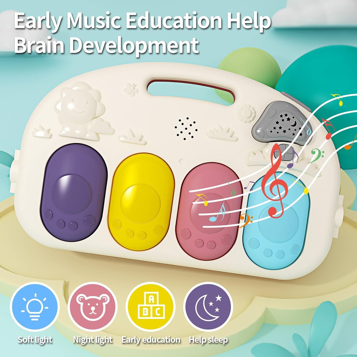 Palestre per Bambini Tappetini da Gioco con Pianoforte, Tappeto per Gattonare con Musica e Luci, Tappeto per Bambini con Arco di Gioco e 5 Giochi per Bambini Rimovibili, Regalo per Neonati 0-36 Mesi