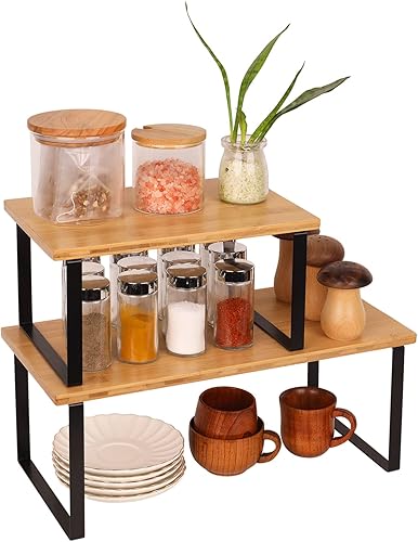 Organizador de estantes de cocina, estantes elevadores, apilables, ampliables para exhibición de especias, platos, tazas (paquete de 3, S, M y L,