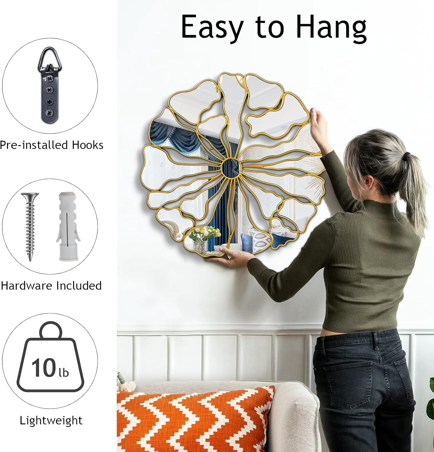 Gold Wall Mirrors Decorative, 32” Large Round Mirrors for Wall Decor, Flower Shaped Decorative Wall Mirror for Living Room, Bedroom, Dining Room - Image 3