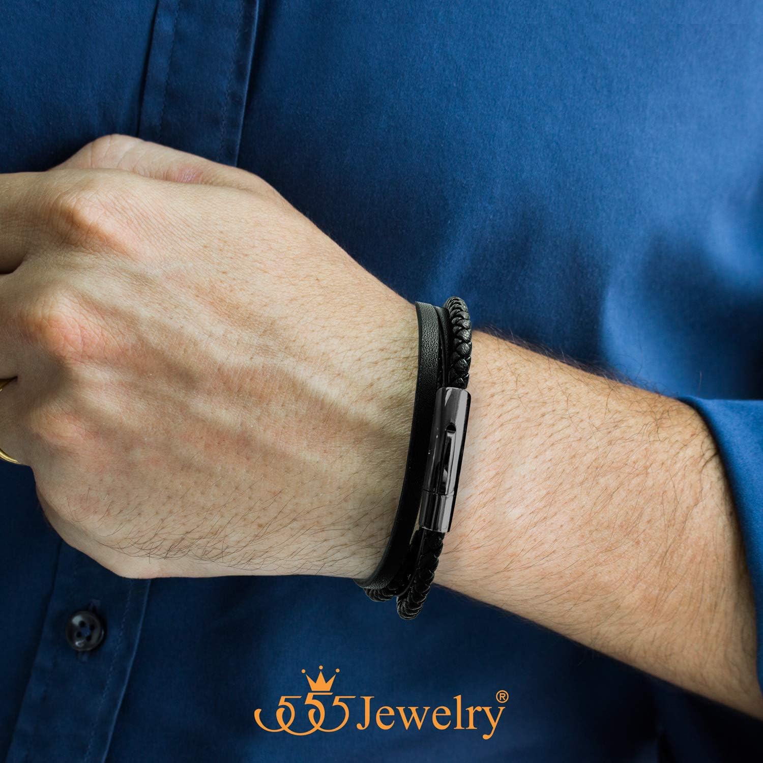 555Jewelry Stainless Steel Braided Wrap Layered Leather Cord Magnetic Bracelet - Image 2