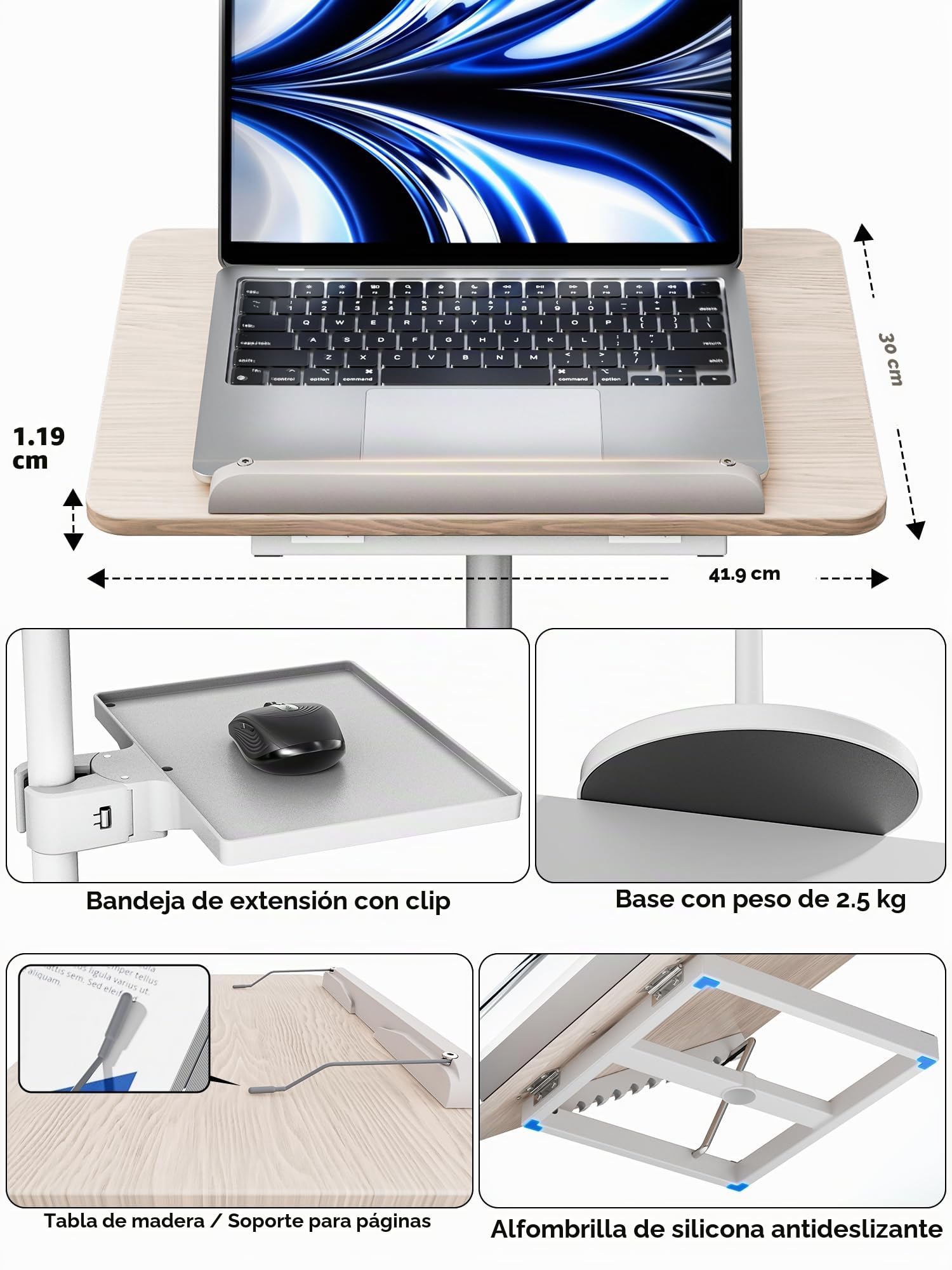 Soporte Ajustable 2 en 1 para Libros y Portátiles - Altura Regulable 60-132 cm, Uso Dual en Suelo y Mesa, Clip Elásticos para Partituras, Recetas, Tablets y Laptops, Diseño Moderno en Blanco