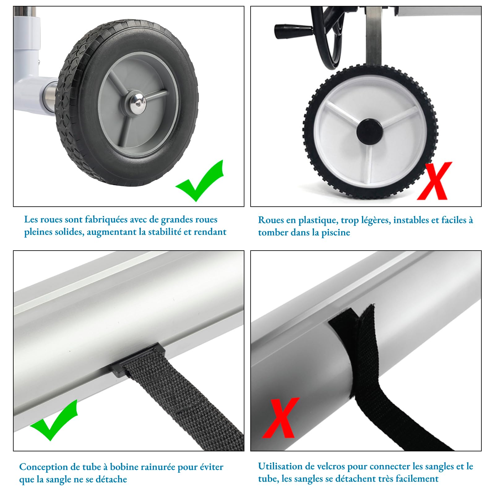 LEADZM Enrouleur de Bâche de Piscine 3,6-5,5m,Professionnel en Aluminium Premium,Système d'enroulage pour Bâche Solaire,Télescopique Enrouleur Mobile,avec Roues Pleines,Argent Noir