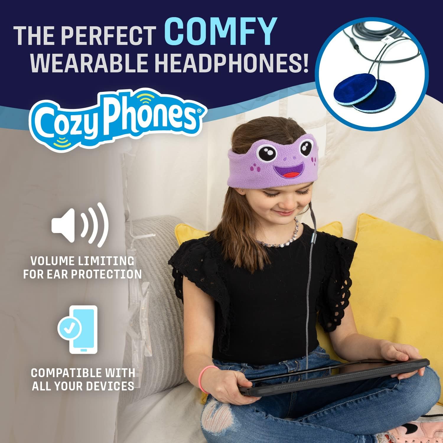 CozyPhones Kids Headphones, Headband Earphones for Children Baby & Toddlers 1-3, Stretchy & Comfy Travel Accessories - Purple Frog - Image 2