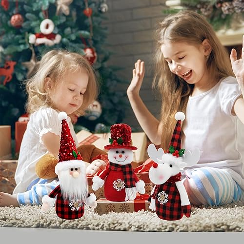 Miniatura 6 de Decoraciones navideñas a cuadros rojos para interiores, paquete de 3 figuras de muñeco de nieve de peluche, Papá Noel y renos, adornos navideños de