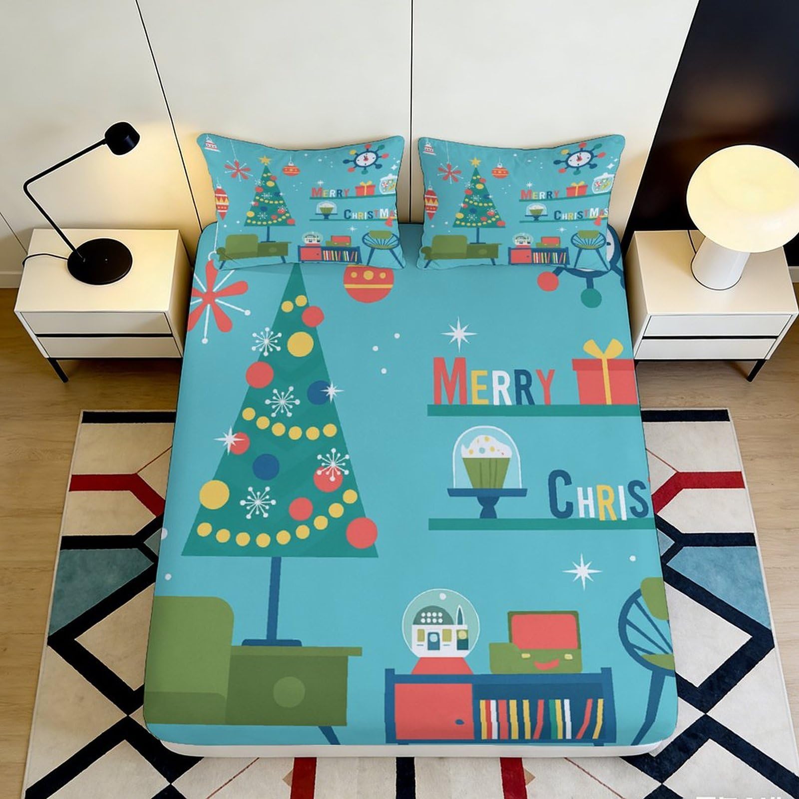 Festive apartment bedding 3D Printed Christmas tree Fitted Sheet Microfiber soft touch, wrinkle resistant, guest room decor 90x200x25cm