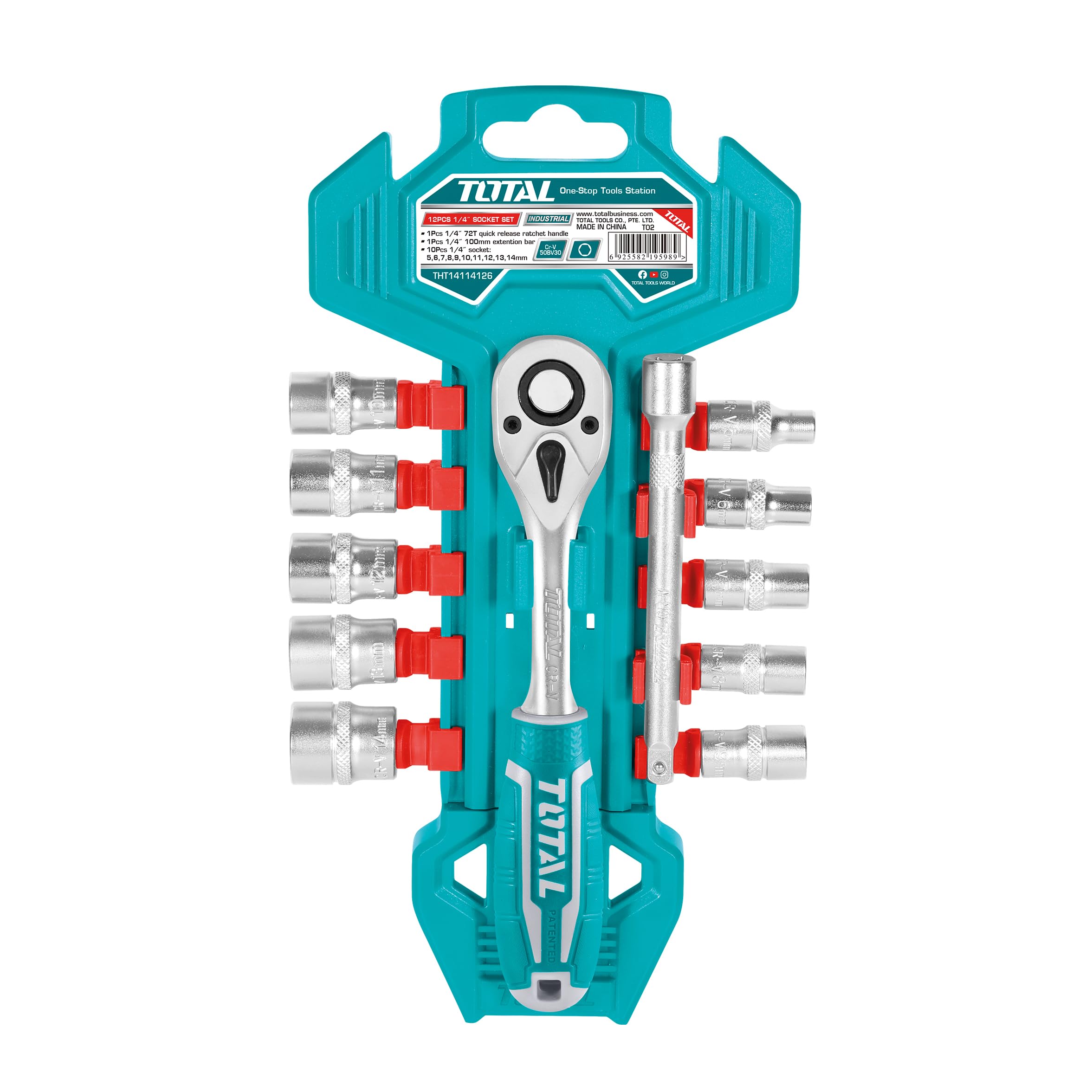 TOTAL - Set di chiavi a bussola a cricchetto | 12 prese cromate con inserto da 1/2 '' | Per stringere e allentare le viti | Chiave a cricchetto da 45 denti | Prolunga da 100 mm | Cromo Vanadio