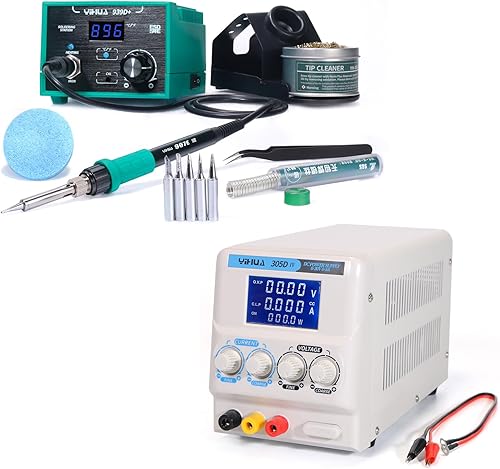 YIHUA Paquete de estación de soldadura profesional 939D+ (verde) con fuente de alimentación de laboratorio CC regulada YIHUA 305D-IV con soporte,