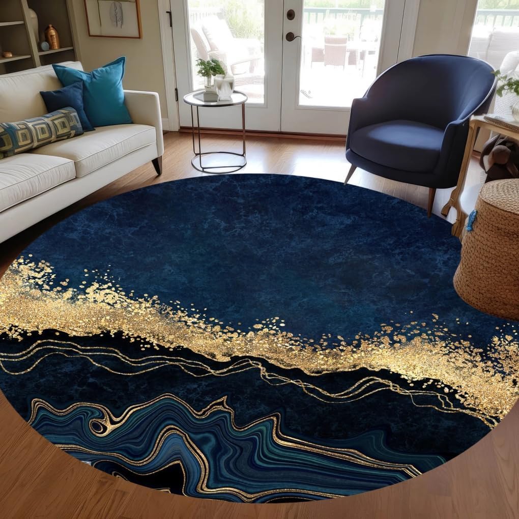 Navy Blue Gold Marble Abstract Modern Aesthetic Circular Area Rugs 7ft Washable Soft Wool Arti Round Rug for Living Room Bedroom Diningroom Office Lux