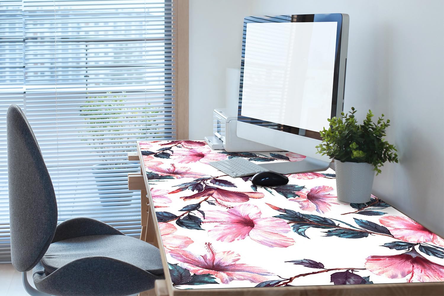 Sottomano da Scrivania 120x60 cm Antiscivolo per Ufficio e Casa Facile da Pulire Impermeabile Superficie Protettiva Protezione e Decorazione in Vinile PVC - fiori di ibisco