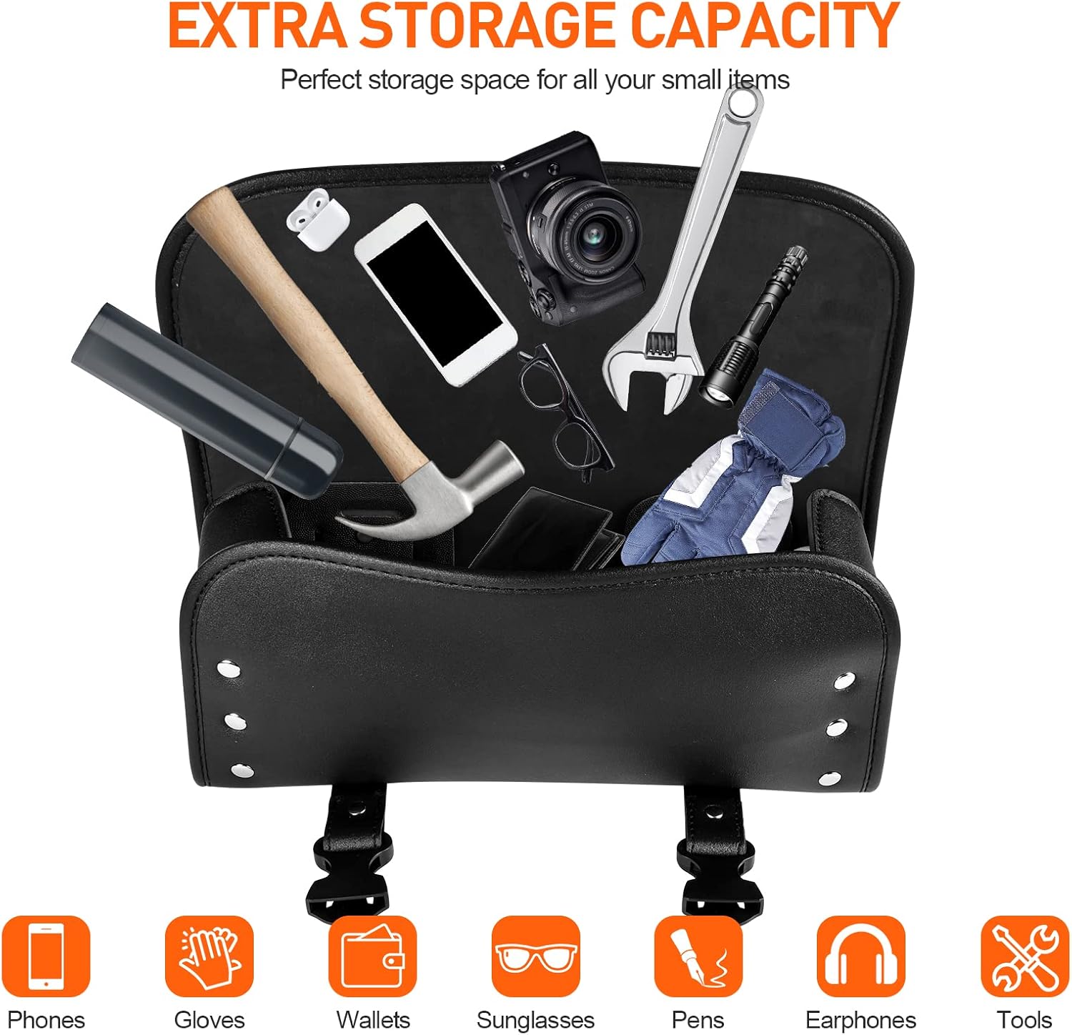 Motorcycle Tool Bag Universal PU Leather Roll Bag Saddlebag Storage Pouch for Handlebar Front Fork, Black