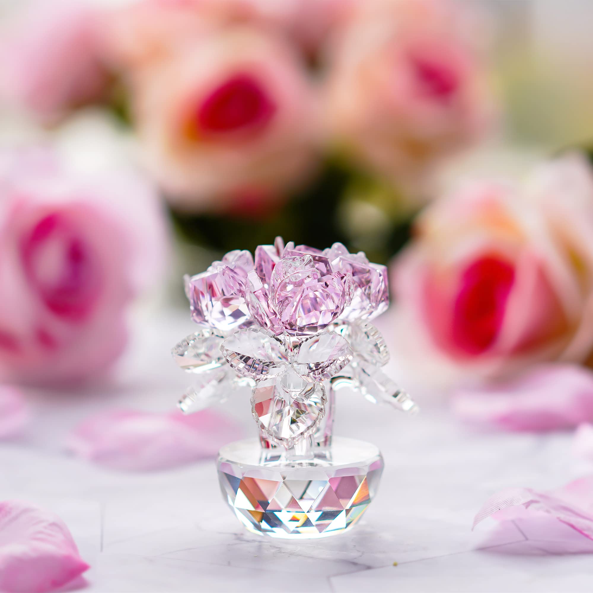Bouquet de Roses en Cristal Rose - Figurine en Verre pour la fête des mères