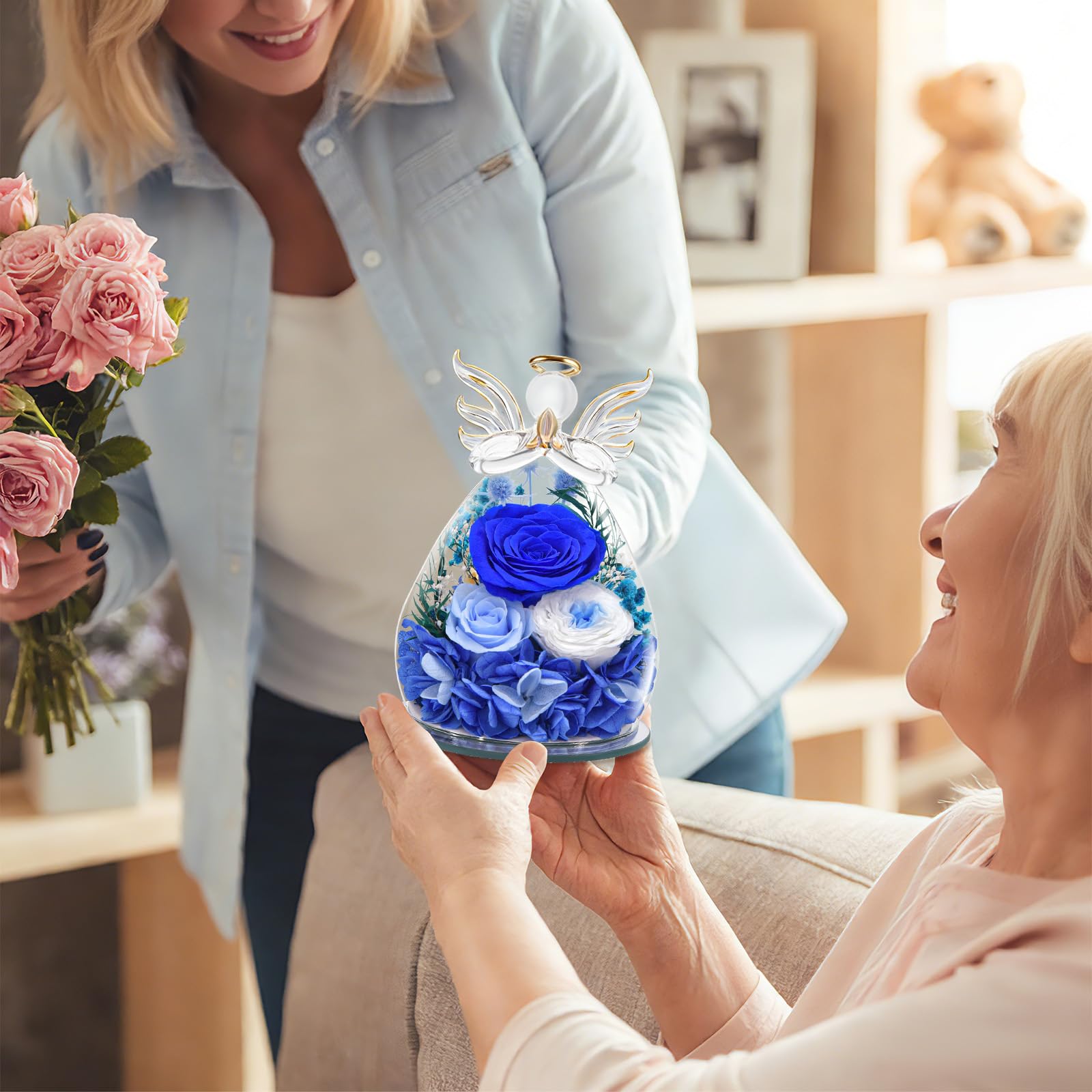 Regalos de Angel Rosa Eterna para Mamá, Regalo para Madre Abuela Novia, Regalo del Día de la Madre Flor Eterna con LED (1 Azul + 1 Azul Claro + 1 Rosa Blanca)