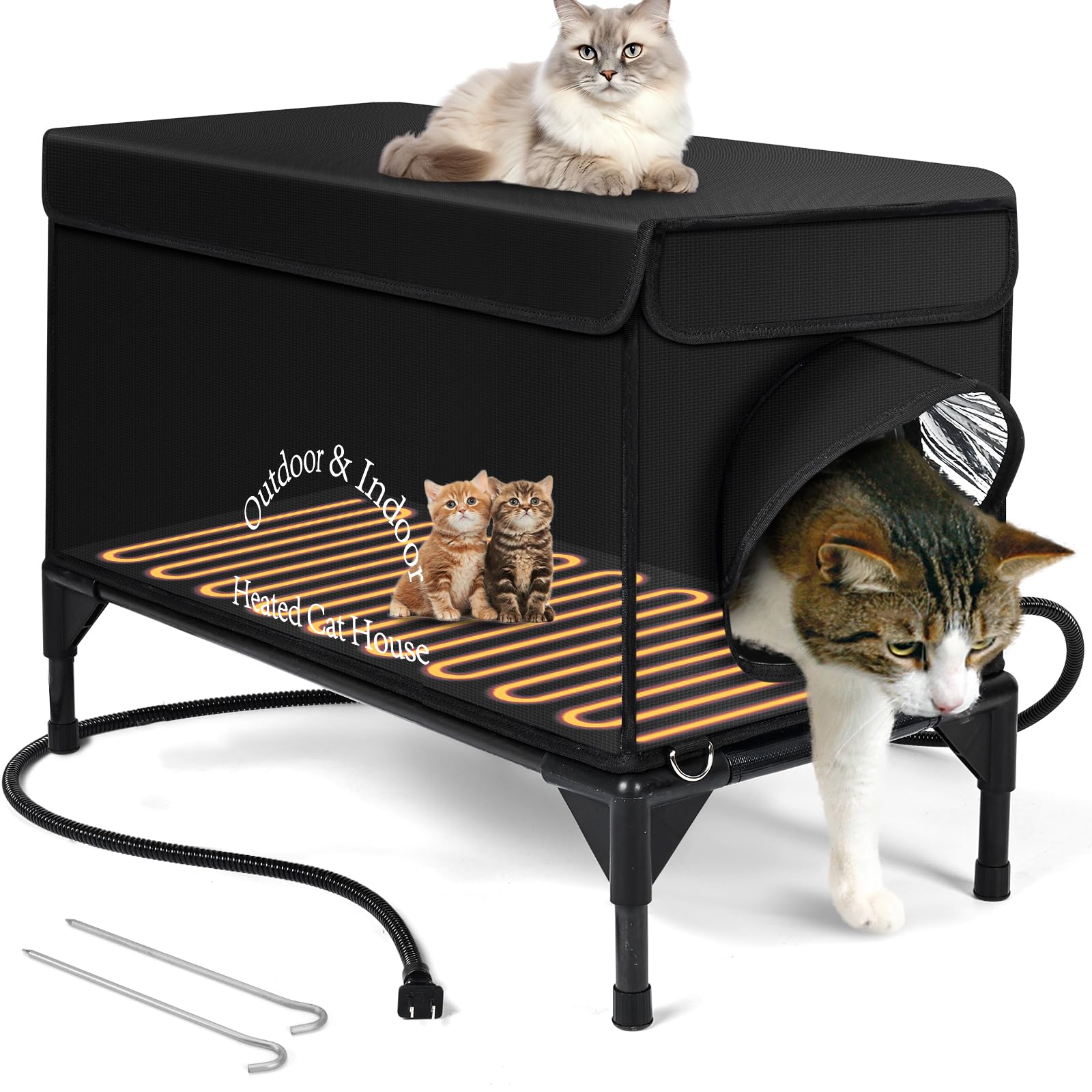 Heated Cat House for Outside in Winter, 100% Waterproof Elevated Base, Insulated Outdoor Cat Shelter with Heater for Feral Barn Cat, Weatherproof Outdoor Cat House 26"x13"x18"