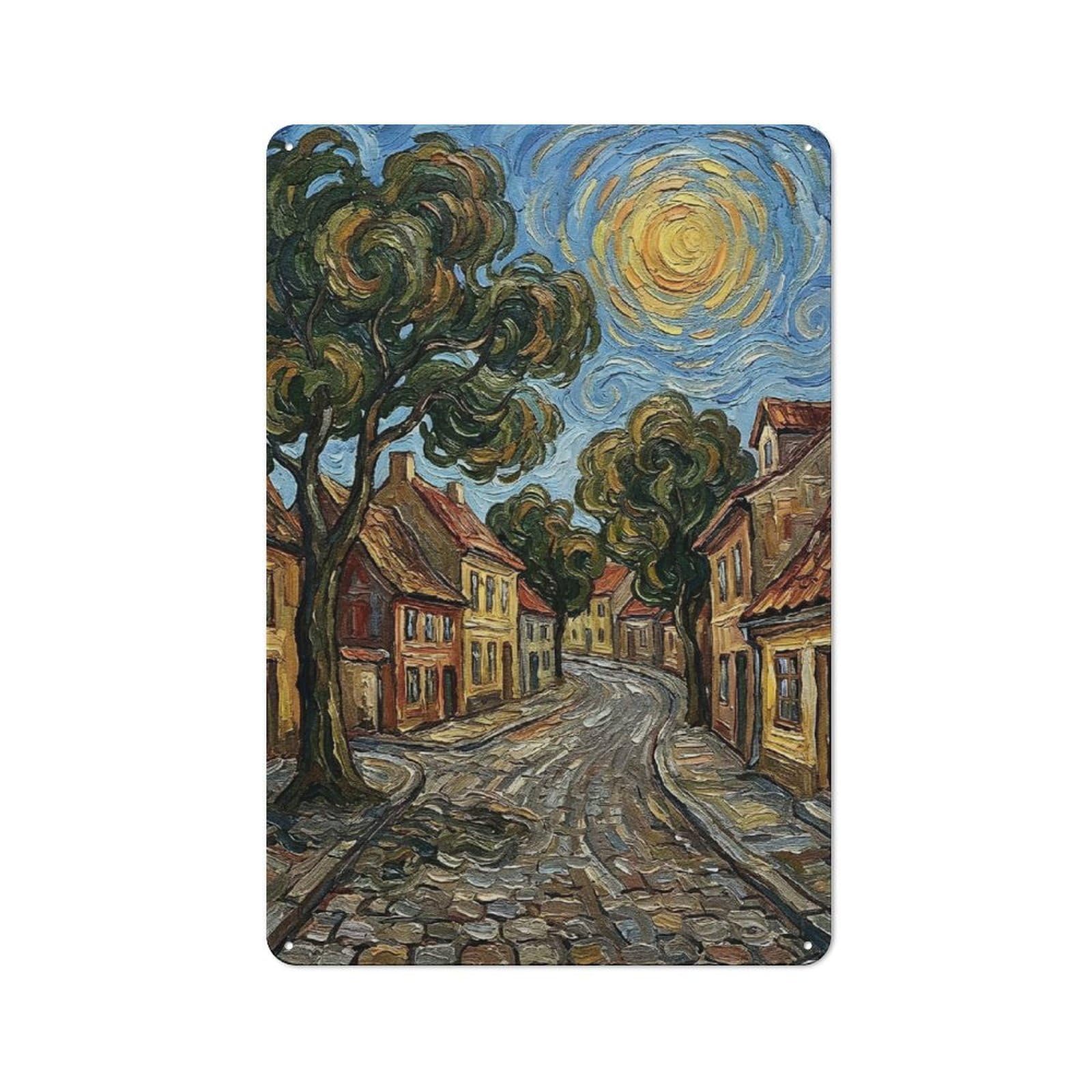 Junmoney Style-13 Tin Wall Plaque 30X20cm With Impressionist Street Scene With Swirling Sky For Garage Wall, For People Furnishing A Garage, For Retro Home Interiors