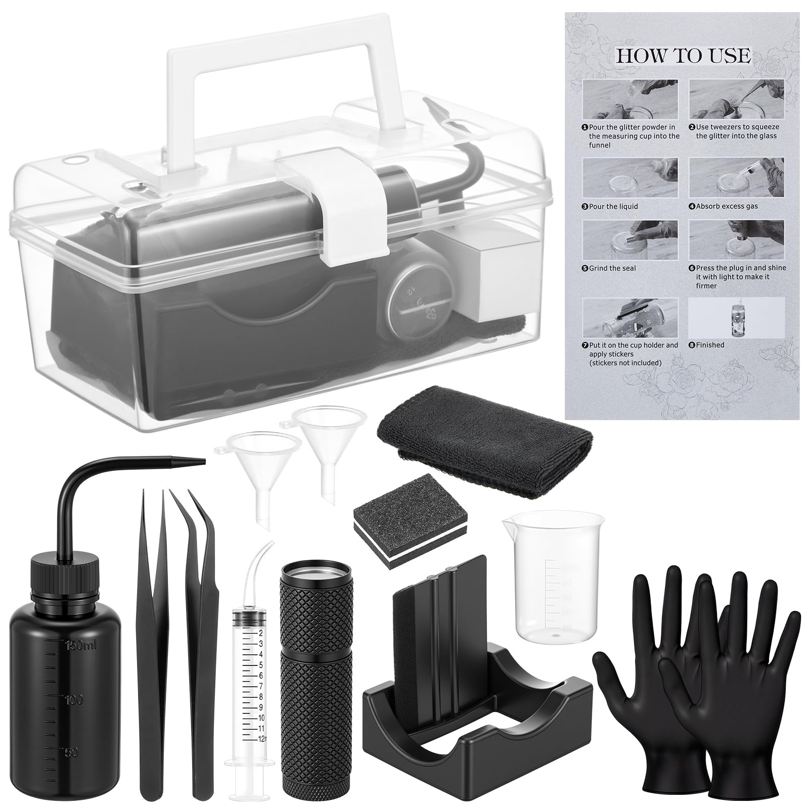 LemonRoad 15 Pcs Snow Globe DIY Tumbler Tool Kit Include Storage Box Squeeze Bottle Funnel Silicone Cup Cradle Measuring Cup Flashlight for Beginner Making Supplies Thanksgiving Day Gifts (Black)-image-9