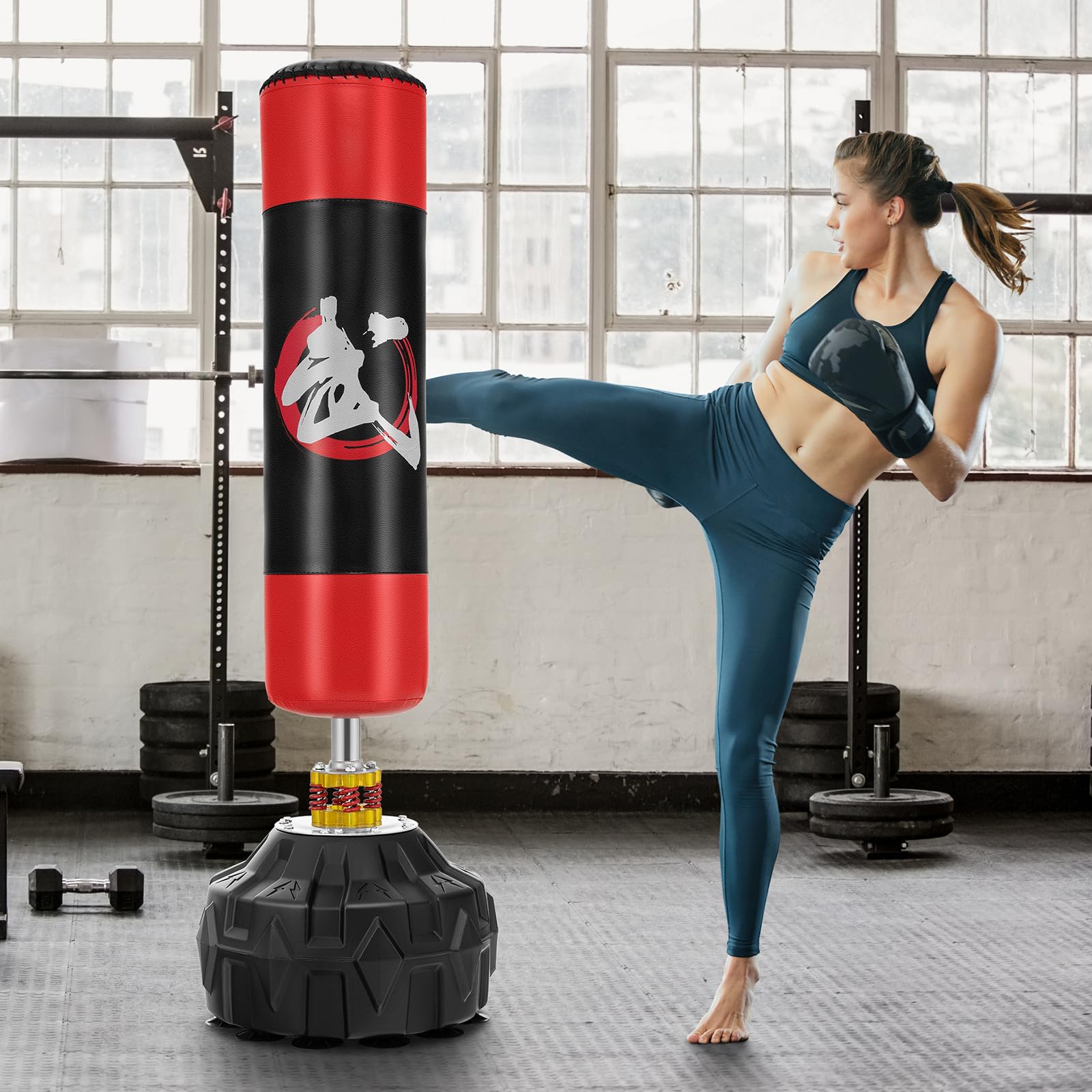 GYMAX Boxsack Set stehend, Standboxsack mit 12 Saugfußbasis & Stoßdämpfer, Boxsack Erwachsene, MMA Boxpartner Boxing Trainer Heavy Boxsack mit Saugfuß