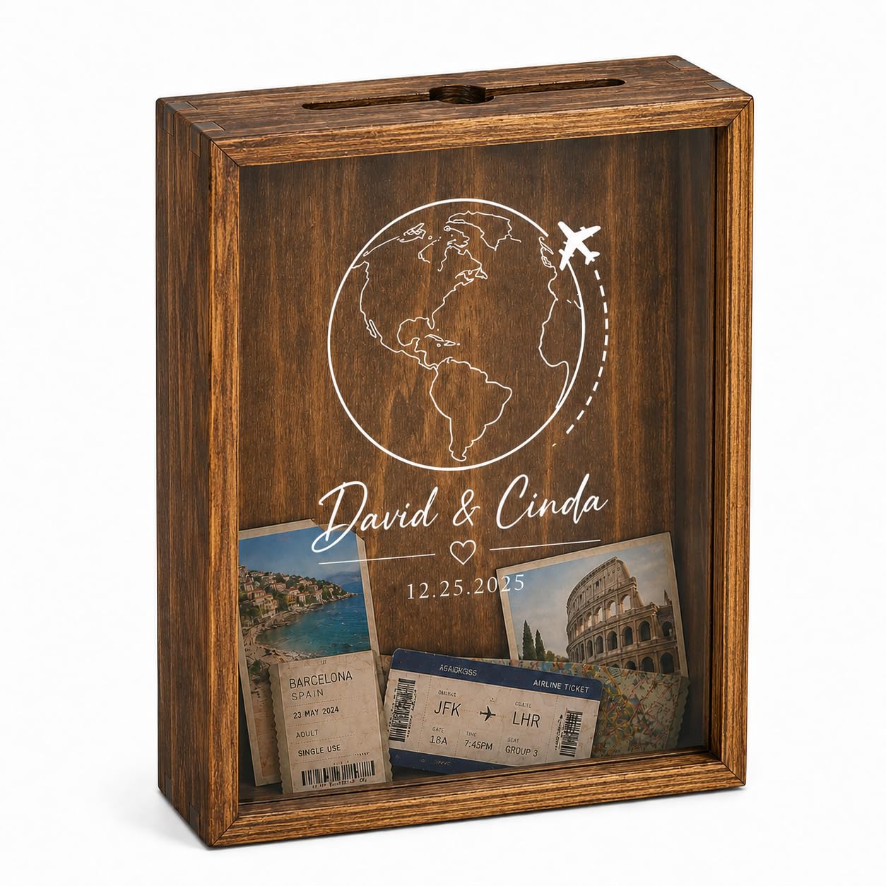 Caja de Recuerdos de Viaje Personalizada, Caja de Fotos Personalizadas con Marco de Madera Maciza y Ranura Superior, para Tickets, Mapas y Postales, Regalo Personalizado para Viajeros y Parejas