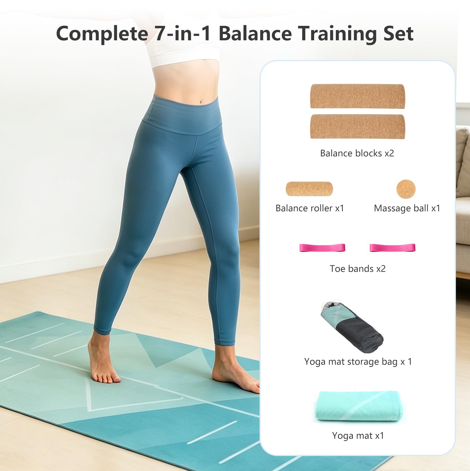 Cork Balance Training Set con Tappetino Yoga, Balance Board in Sughero | Blocchi di Equilibrio Rullo, Palla Massaggio e Fasce Stretch Dita, Kit Allenamento Piedi e Caviglia Antiscivolo per Stabilità