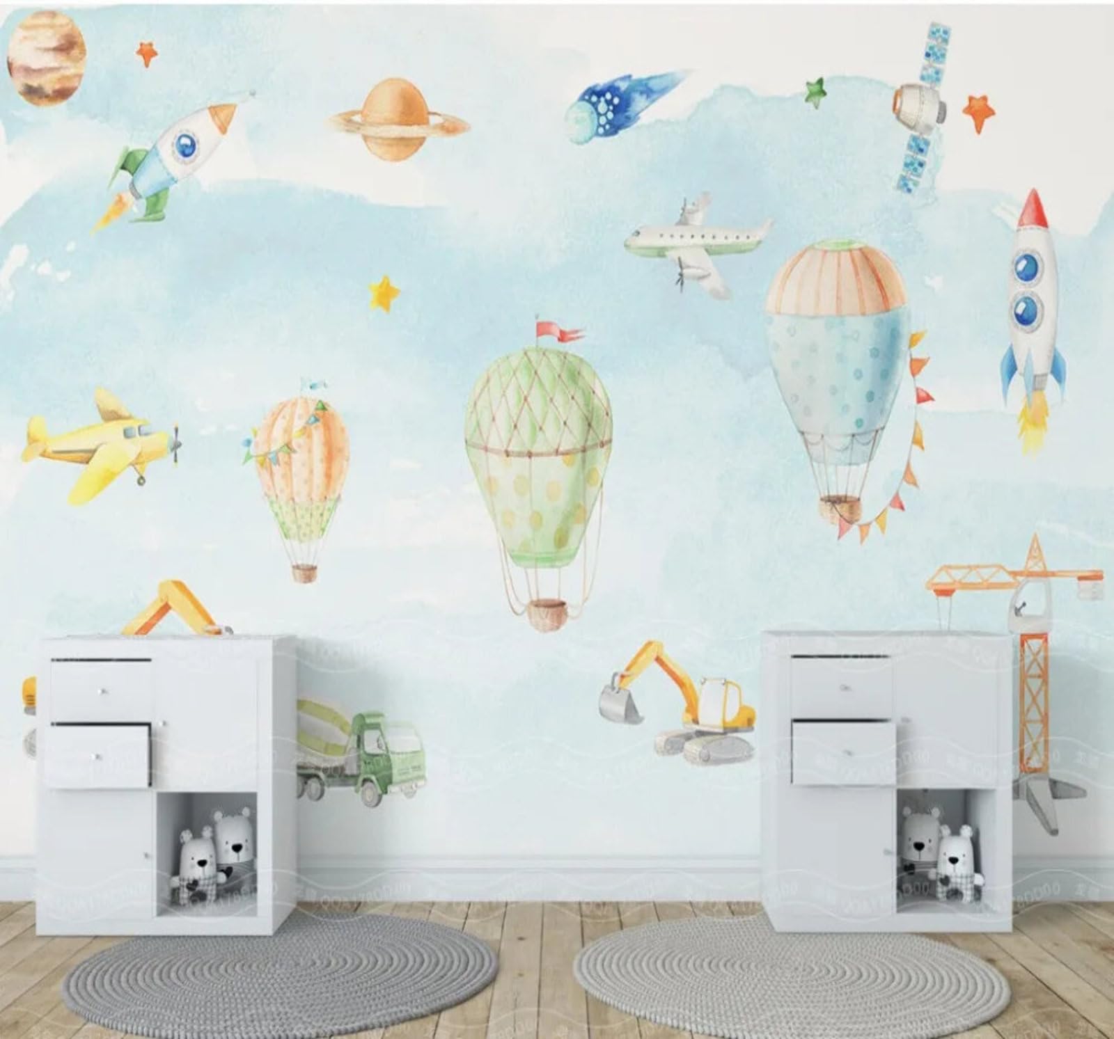 Wallpaper-3D-Xlm 250Cm×170Cm(B×H) Fresh Cartoon Aeroplane Balloon Rocket 3D Wallpaper Easy Install Feature Office Living Room Sofa Bedroom Tv Background Wall Decoration-250Cm×170Cm