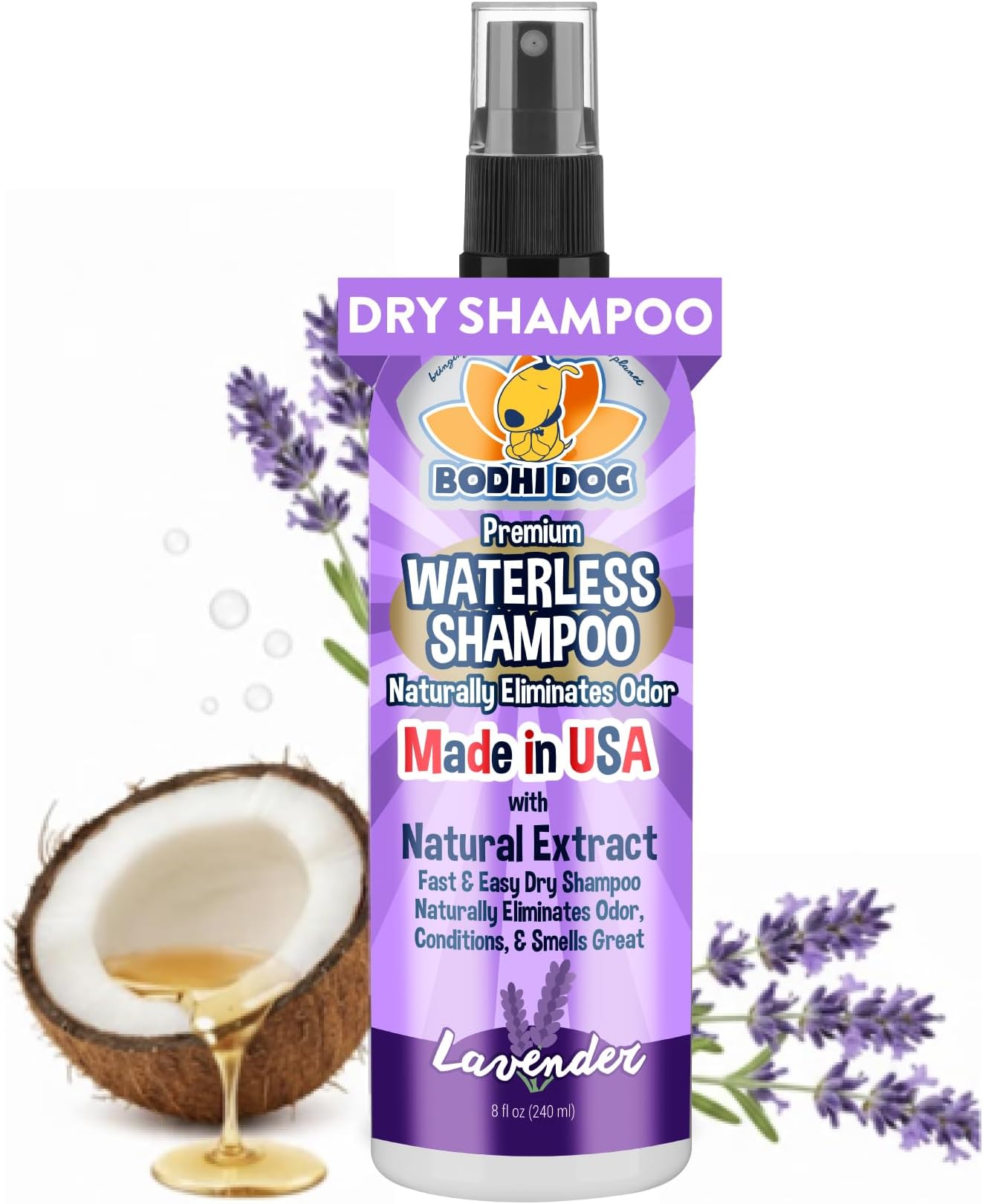Waterless Shampoo - Natural Dry Shampoo for Dogs & Cats - Neutralizes Pet Odor - No Rinse Required - Made of Natural Extracts - Safe for Sensitive Skin - Made in USA - Lavender (8 Fl Oz)