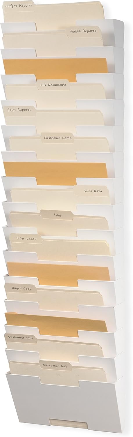 Wallniture Lisbon 15-Tier Wall Mounted File Holder and Desk Organizer, Metal White Office Organization and Storage Rack