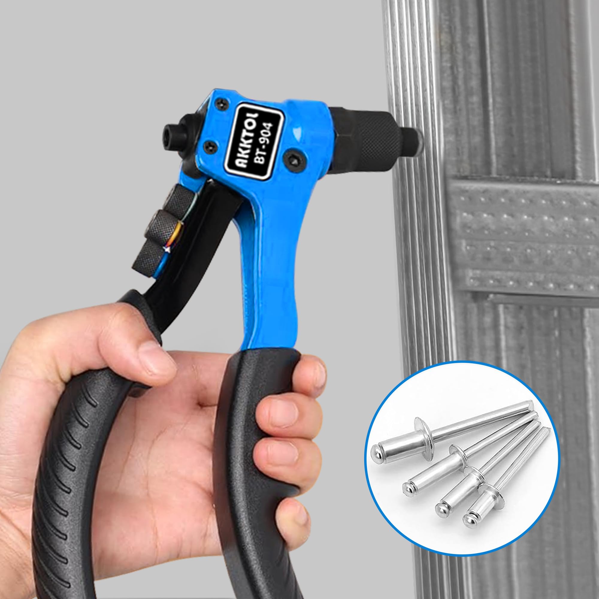 AKKTOL Pince a Rivet, Riveteuse Professionnelle, Pince a Rivet Pop avec 200 Rivets pour 4 Types 4,8mm 4,0mm 3,2mm 2,4mm, Pince à riveter Manuelle pour Automobile, Chemin de Fer, Meubles, Jardinage etc